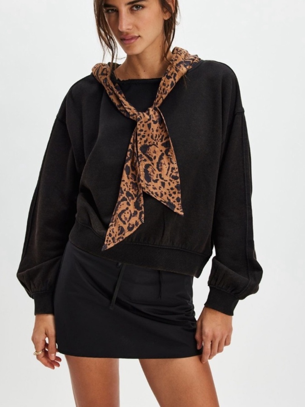 Free People Black Pullover Sweater with Leopard Scarf Detail